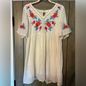 Umgee Cream Dress with Red and Teal Embroidery